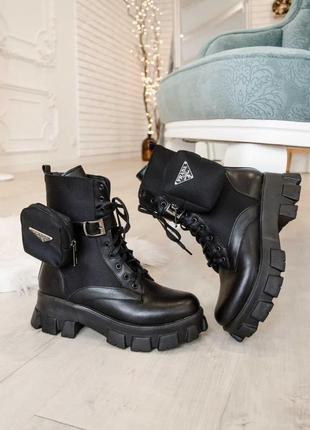 Женские ботинки prada leather boots nylon pouch black прада сапоги1 фото