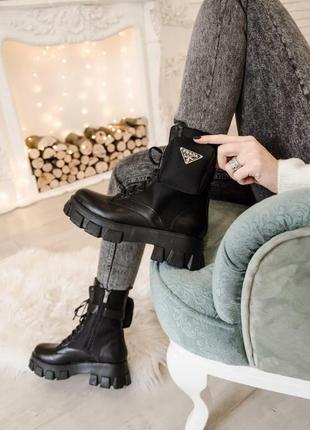 Женские ботинки prada leather boots nylon pouch black прада сапоги2 фото