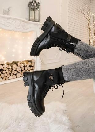 Женские ботинки prada leather boots nylon pouch black прада сапоги7 фото