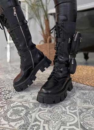 Женские ботинки prada boots zip pocket black high прада сапоги2 фото