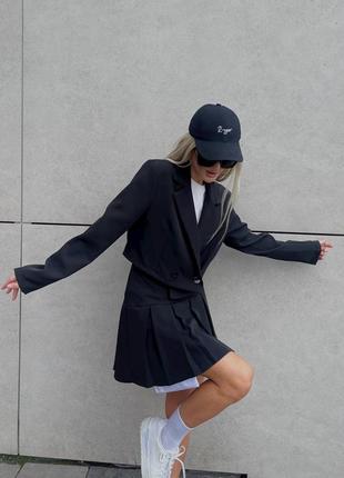 Женский летний костюм черный укороченный пиджак+юбка 2023 тренд3 фото