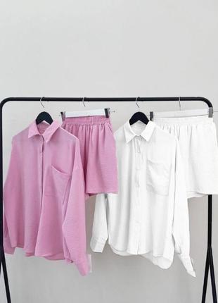 Женский белый костюм двойка рубашка + шорты лето тренд 2023 легкий1 фото