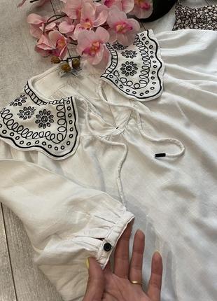 Льняная белая блуза next вышитый воротник размер л-хл лен вискоза вискозная рубашка блузка вышиванка7 фото