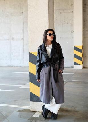 Стильний жіночий тренч чорно-сірого кольору, трендовий жіночий плащ з поясом