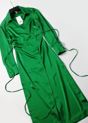 Новое зеленое атласное платье на запах h&m2 фото