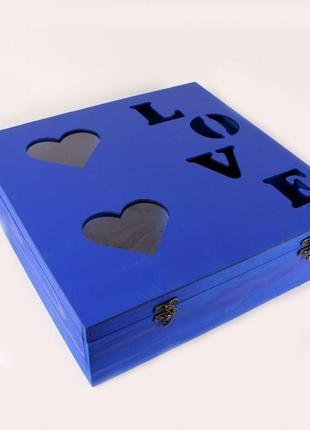 Подарочный бокс "love" синий с прозрачной крышкой на засовах. на 3 отделения2 фото