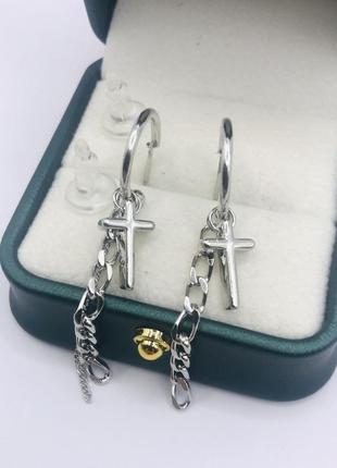 Сережки хрестики 5 см позолочені родієм, медична сталь design by korea 925 silver