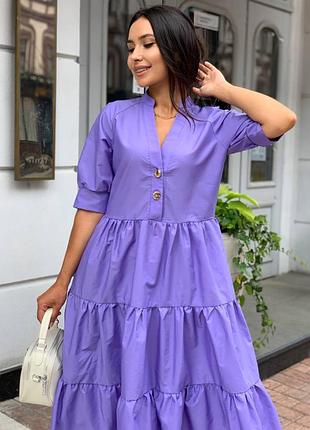 Платье миди отрезное по талии воротник стойка планочка на пуговицах рукав реглан фонарик манжет юбка расклешонная тройной волан ткань коттон 100%