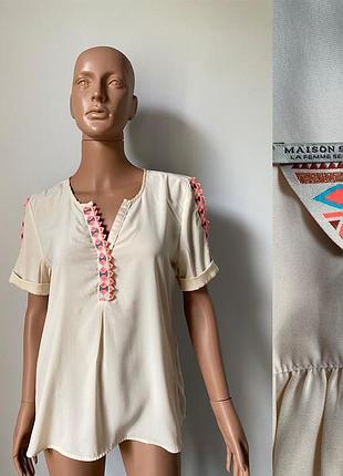 Бежева блуза з кольоровими лампасами