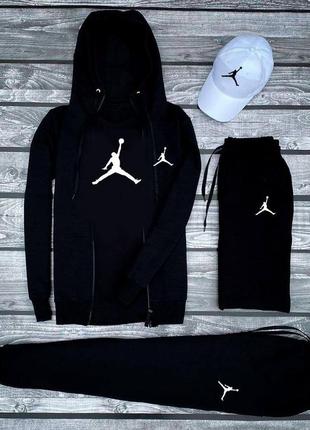Костюм з принтом нашивкою джордан jordan кофта зіппер з капюшоном футболка вільна штани на манжетах комплект чорний білий кепка з бавовни чоловічий2 фото
