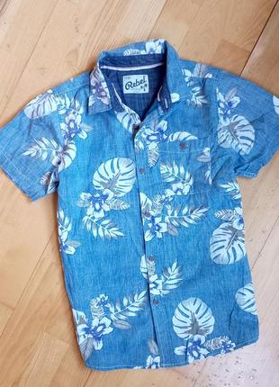 Летняя рубашка гаваи с пальмовыми листьями rebel для мальчика  / котоновая рубашка сорочка / голубая джинсовая рубашка