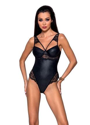 Боді з еко-шкіри та мережива loona body black l/xl - passion1 фото