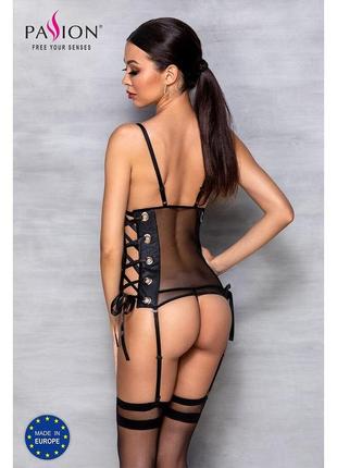 Сетчатый корсет из эко-кожи, с люверсами и съемными пажами malwia corset black l/xl — passion, стрин5 фото