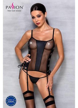 Сетчатый корсет из эко-кожи, с люверсами и съемными пажами malwia corset black l/xl — passion, стрин4 фото