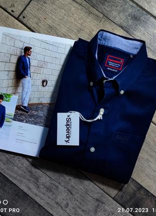 Мужская элегантная приталиная хлопоковая  винтажная  рубашка superdry casual  в синем цвете размер s