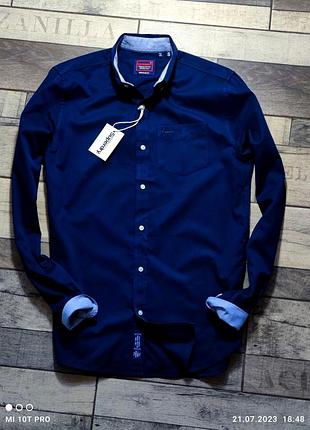 Мужская элегантная приталенная хлопковая  винтажная  рубашка superdry casual  в синем цвете размер s