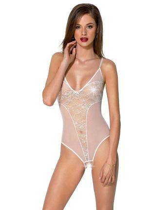 Боді passion ursula body white xxl/xxxl, з ажурним декором і відкритим кроком2 фото