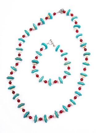 Ожерелье и браслет: бирюза, коралл, перламутр.