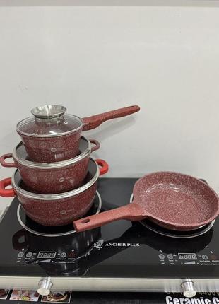 Набор посуды с гранитным антипригарным покрытием higher kitchen, 11 предметов - hk-307, бордовый