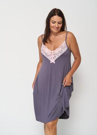 Женская рубашка на бретельках - батал с кружевом - вискоза