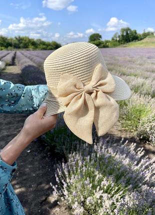 Шляпа солнцезащитная соломенная женская кремовая с бантом (56-59)9 фото