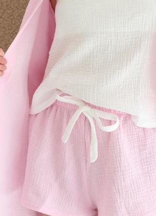 Комплект пижамный из муслина халат и пижама, натуральный муслиновый набор для дома халат и пижамка майка шорты6 фото