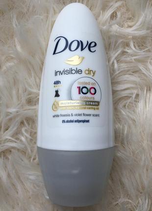 Dove invisible dry невидимый с ароматом белой фрезии и цветов фиалки увлажняющий с увлажняющим кремом шариковый роликовый антиперспирант дезодорант1 фото