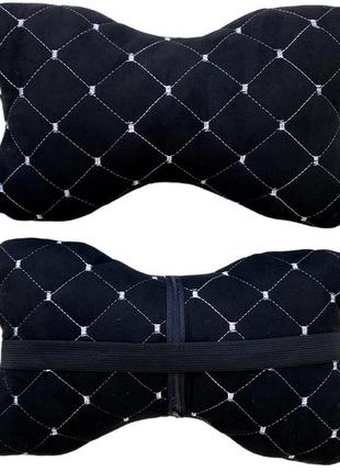 Автомобільні подушки на підголівник з алькантари (еко-замша) чорні з білою прошивкою lux 2 шт4 фото