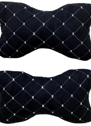 Автомобільні подушки на підголівник з алькантари (еко-замша) чорні з білою прошивкою lux 2 шт3 фото