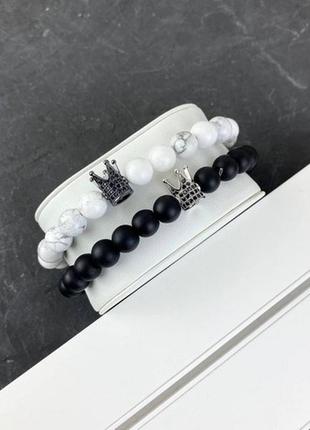 Браслет унісекс на руку з натурального каменю 2b rich bracelet king 8 mm, 19 cm white-black