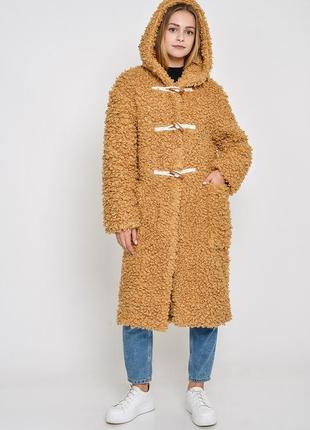 Крутая шубка с капюшоном дафлкот каракуль карамельs/l