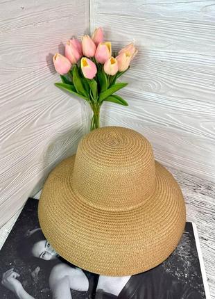 Шикарная соломенная шляпа женская солнцезащитная в стиле одри хепберн цвет бежевый  (55-58)6 фото