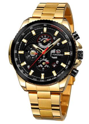 Чоловічий наручний механічний годинник з автопідзаводом forsining 6909 gold-black