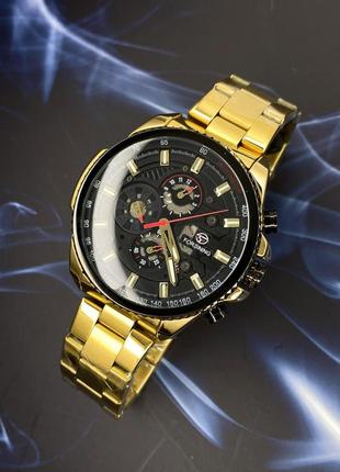 Мужские наручные механические часы с автоподзаводом forsining 6909 gold-black3 фото