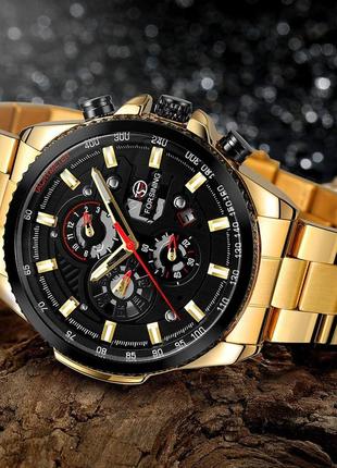 Мужские наручные механические часы с автоподзаводом forsining 6909 gold-black9 фото