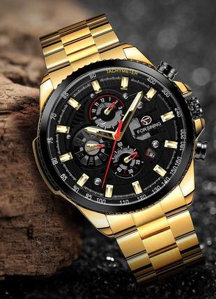 Мужские наручные механические часы с автоподзаводом forsining 6909 gold-black7 фото
