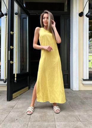 Желтое льняное платье макси платье из льна