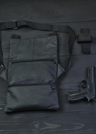 Тактическая кожаная сумка с кобурой, мужской мессенджер, борсетка - черный слинг, мужская сумка через2 фото