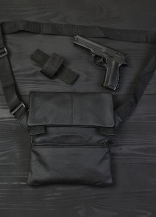 Тактична шкіряна сумка з кобурою, чоловічий месенджер, барсетка - чорний слінг, чоловіча сумка через3 фото