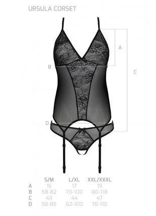 Корсет passion ursula corset black xxl/xxxl, с пажами, трусики с ажурным декором и открытым шагом6 фото