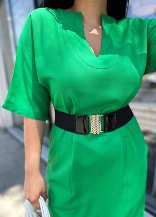 Яркое льняное зеленое платье с поясом, 4 цвета, размер 42-44, 46-48, 50-52 льняное платье прямого кроя4 фото