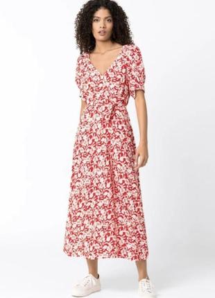 Летнее цветочное платье миди с короткими пышными рукавами натуральное платье из вискозы в цветочный принт с поясом