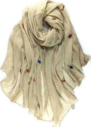 Огромный палантин шарф парео шелковый шелк жатка с вышивкой тонкий новый3 фото