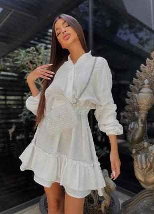 Женское легкое летнее короткое белое свободное платье из муслина с длинным свободным рукавом