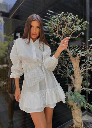 Женское легкое летнее короткое белое свободное платье из муслина с длинным свободным рукавом7 фото