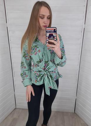 Зеленая рубашка в полоску в цветочный принт marks&spencer