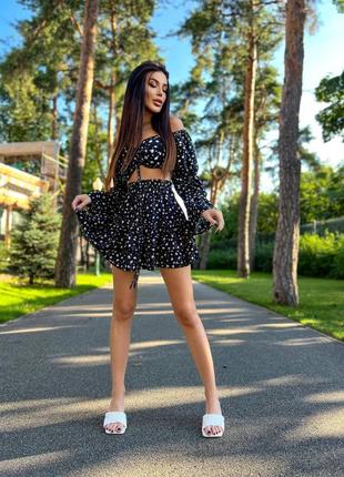 Женский костюм модный трендовый классический повседневный удобный качественный юбка юбка и + и топ топик черный в цветочный принт8 фото