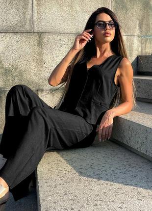 Жіночий літній костюм двійка трендовий лляний з натуральної тканини льонк жилетка на ґудзиках безрукавка і + штани брюки чорний сіро-блакитний5 фото