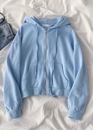 Вкорочене худі укорочена кофта зіпка на замку з каптуром оверсайз біле блакитне