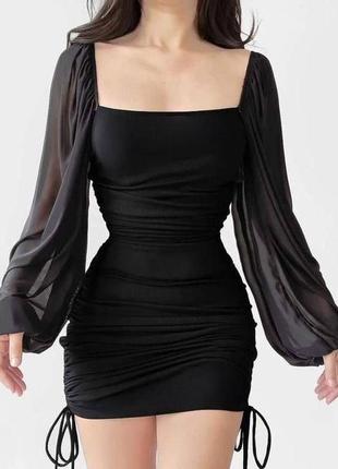 Приталенное платье с объемными рукавами женское платье на завязках по бокам, длина от мини до меди красивое повседневное вечернее черное2 фото